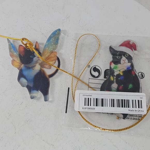 Acrylic Cat Ornament Set of 2 Fairy Kitten Christmas Lights Tuxedo Cat 2D - Picture 5 of 5